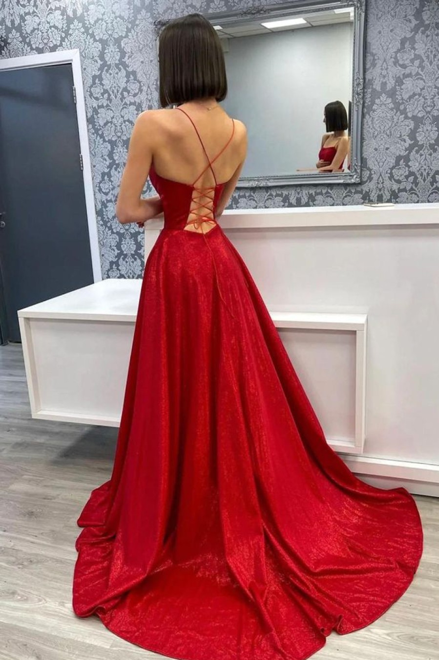 Homrain A Line Spaghetti Straps Long Prom Dress With Split Front | Red Prom Dresses