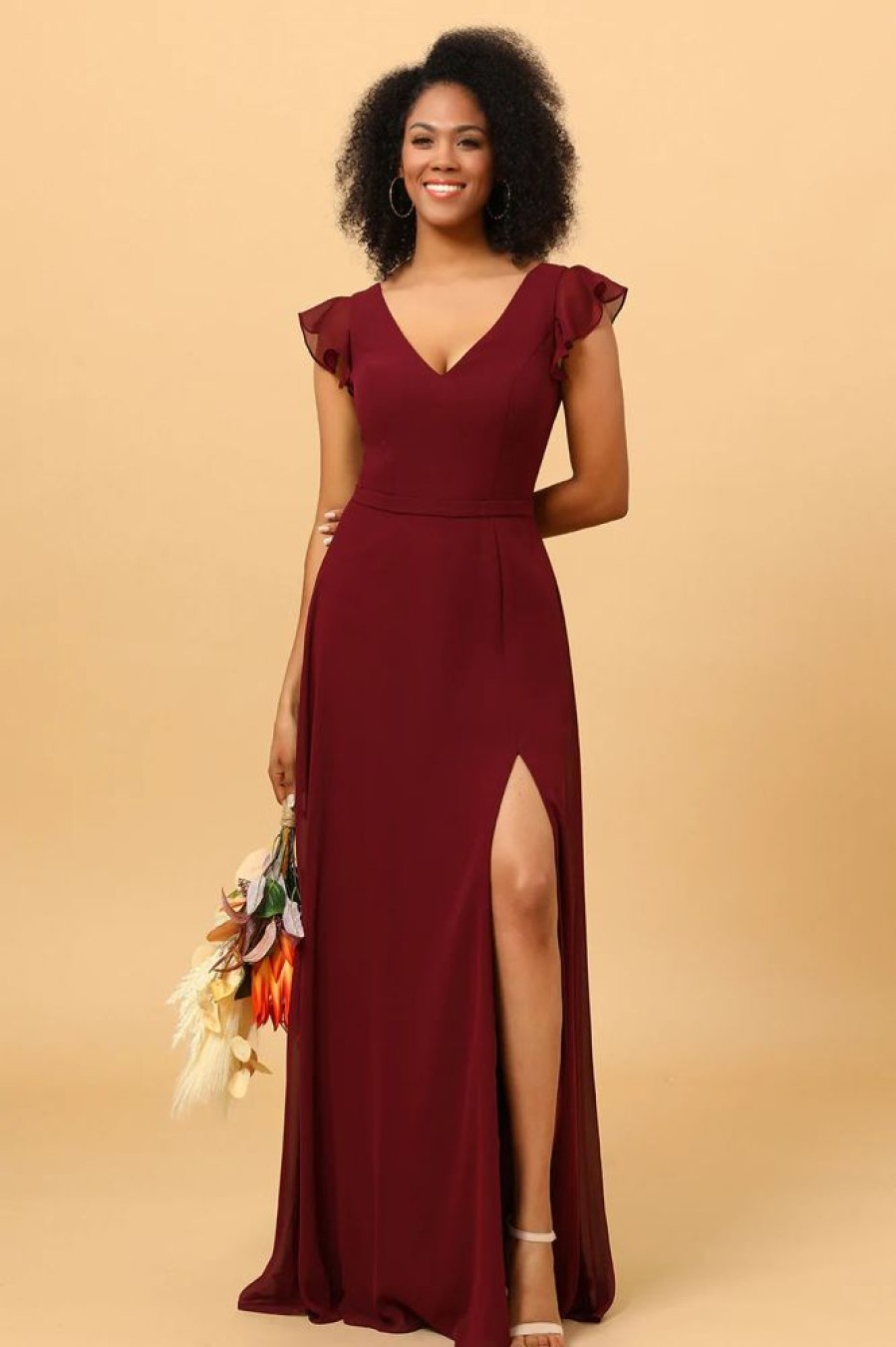 Homrain Chiffon Burgundy Bridesmaid Dress With Slit | Bridesmaid Dresses