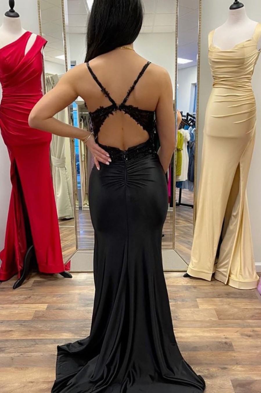 Homrain Mermaid Spaghetti Straps Long Prom Dress With Split Front | Black Prom Dresses