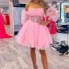 Homrain Corset Detachable Sleeves A-Line Tulle Homecoming Dress | Pink Hoco Dresses