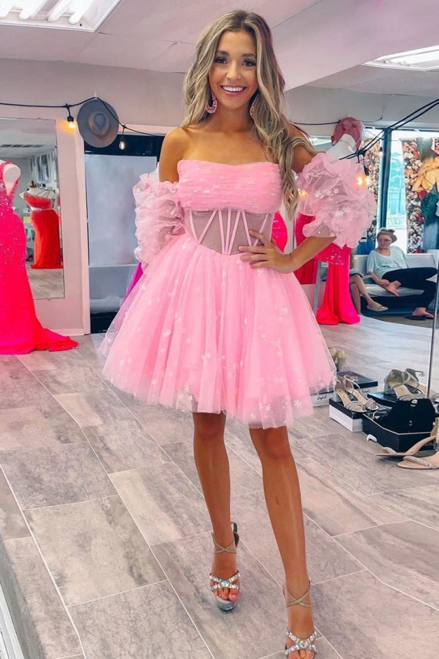 Homrain Corset Detachable Sleeves A-Line Tulle Homecoming Dress | Pink Hoco Dresses