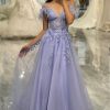 Homrain A Line Tulle Long Corset Appliqued Prom Dress | Purple Prom Dresses