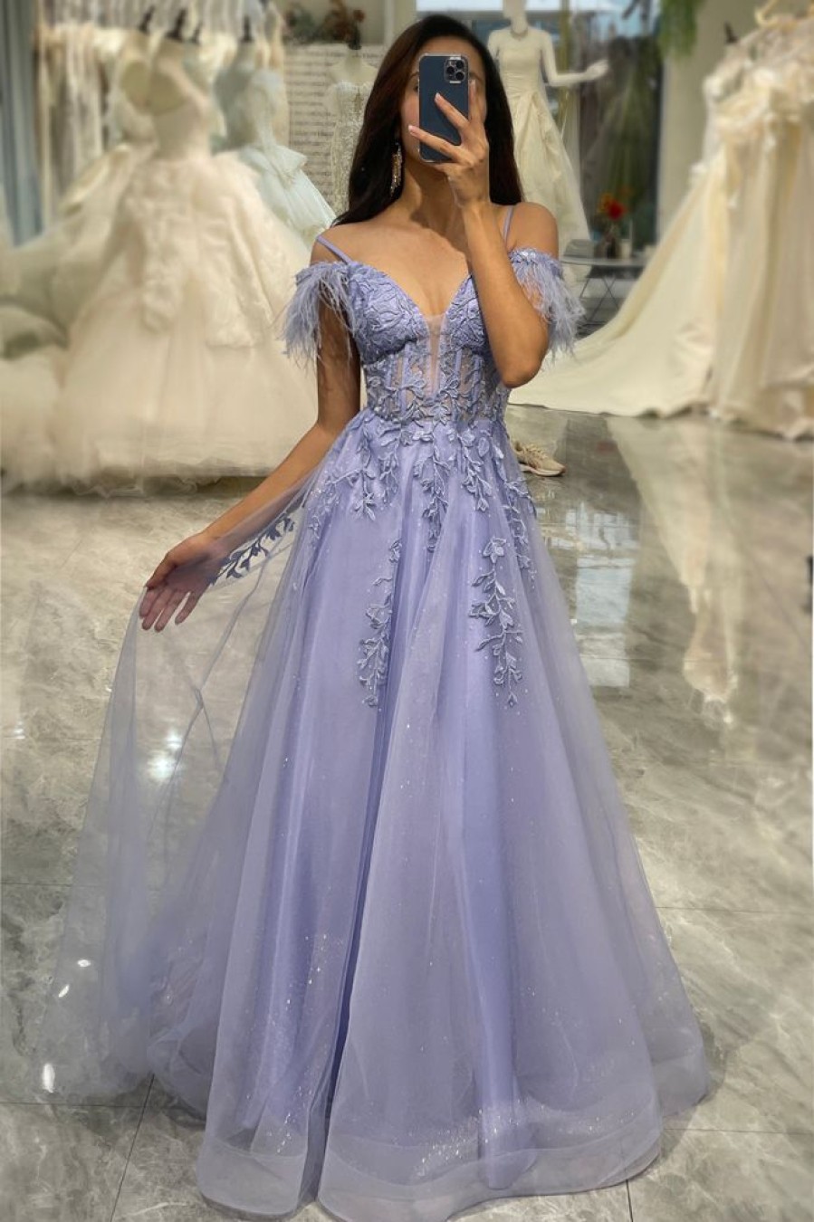 Homrain A Line Tulle Long Corset Appliqued Prom Dress | Purple Prom Dresses