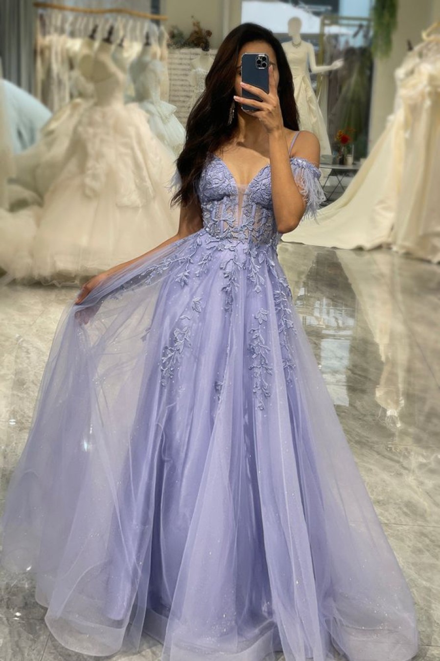 Homrain A Line Tulle Long Corset Appliqued Prom Dress | Purple Prom Dresses