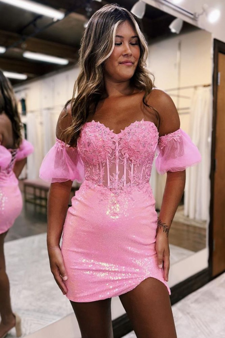 Homrain Sparkly Corset Detachable Short Sleeves Sequins Tight Short Homecoming Dress With Lace | Pink Hoco Dresses