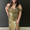 Homrain Plus Size Off Shoulder Mermaid Prom Dress With Slit | Gold Prom Dresses