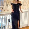 Homrain Corset Off The Shoulder Long Prom Dress With Slit | Black Prom Dresses