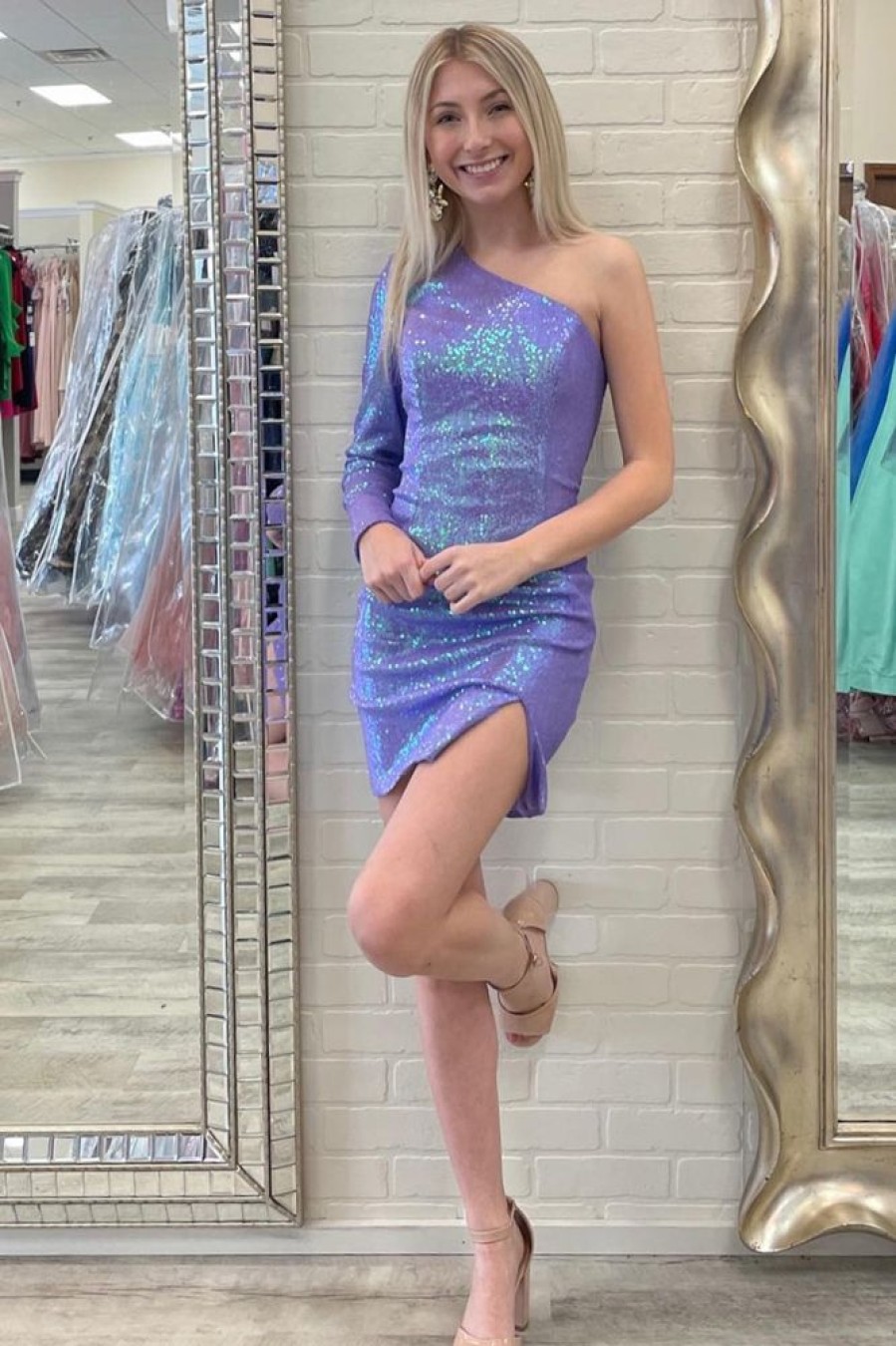 Homrain Sequins One Shoulder Short Homecoming Dress With Slit | Purple Hoco Dresses