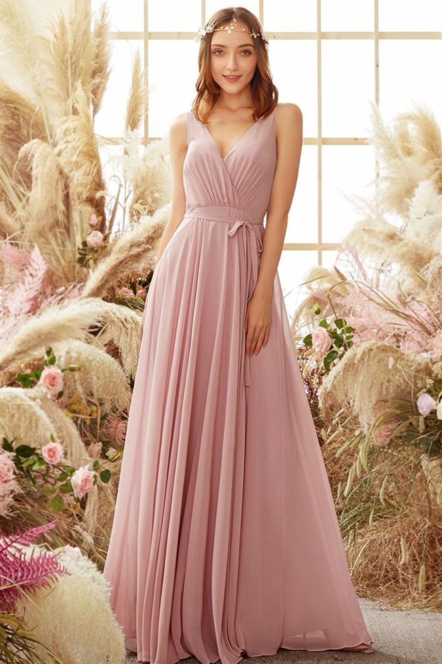 Homrain Blush V Neck Long Chiffon Bridesmaid Dress | Bridesmaid Dresses