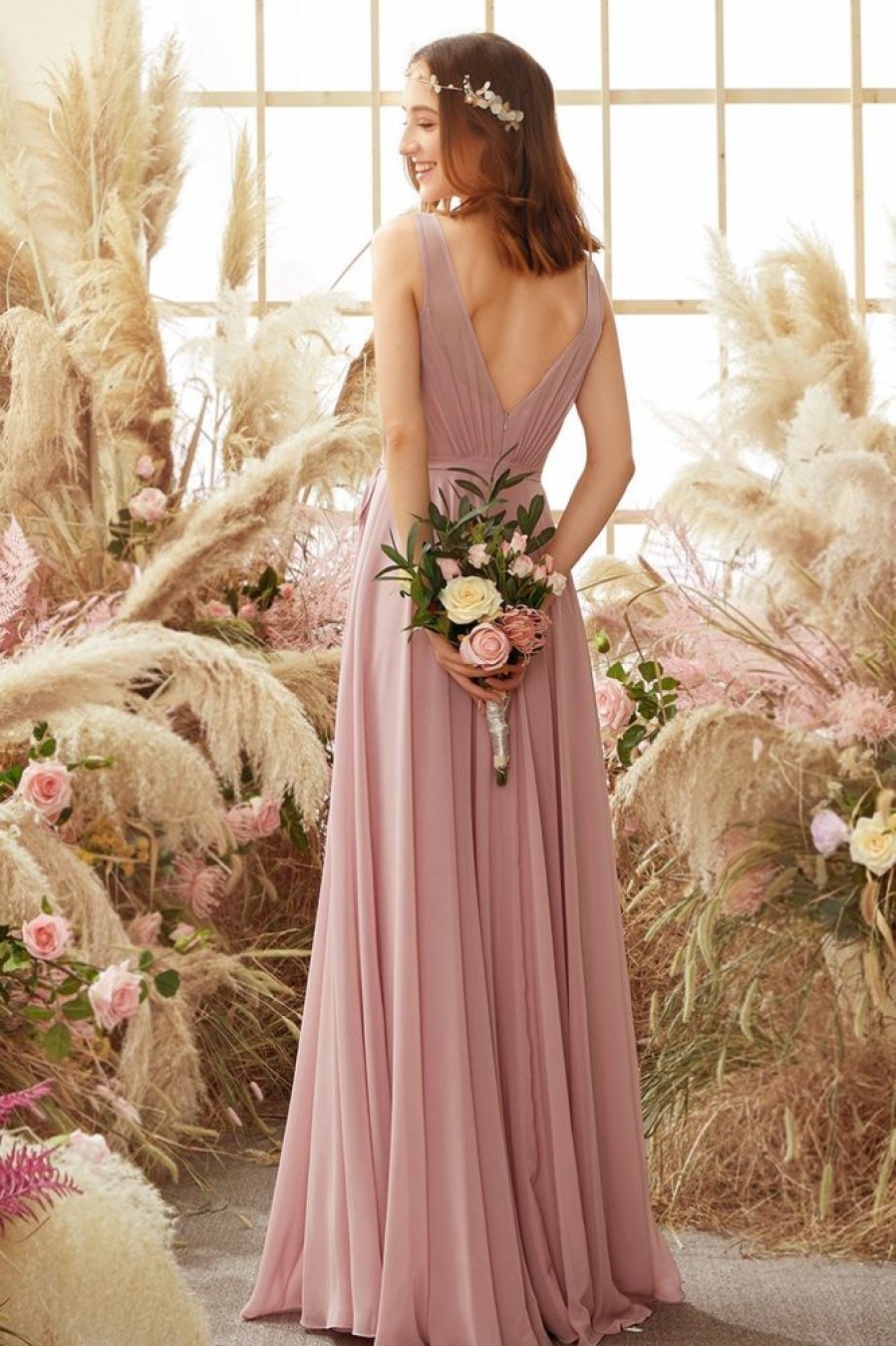 Homrain Blush V Neck Long Chiffon Bridesmaid Dress | Bridesmaid Dresses