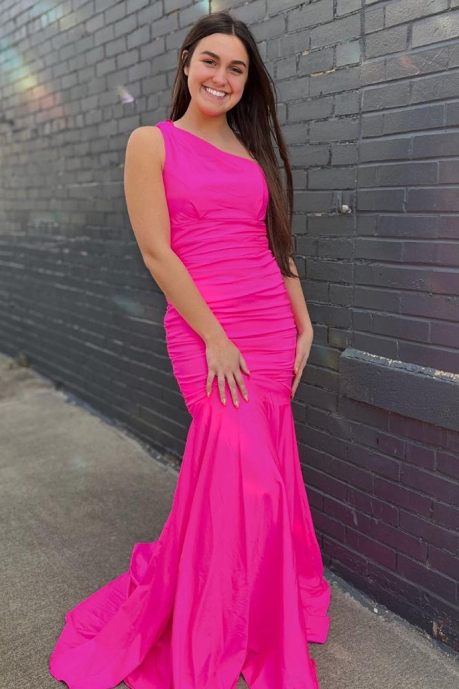 Homrain One Shoulder Mermaid Long Prom Dress | Hot Pink Prom Dresses