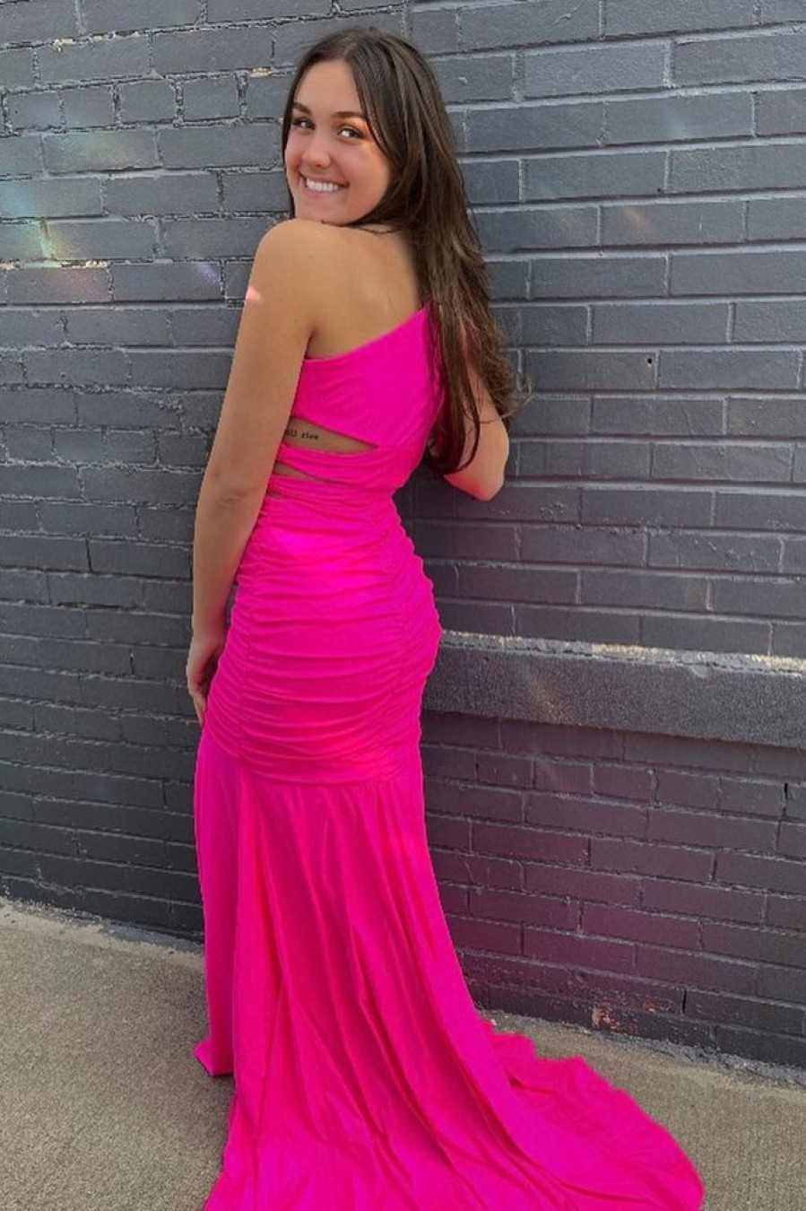 Homrain One Shoulder Mermaid Long Prom Dress | Hot Pink Prom Dresses