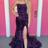 Homrain Strapless Sequins Prom Dress With Slit | Purple Prom Dresses