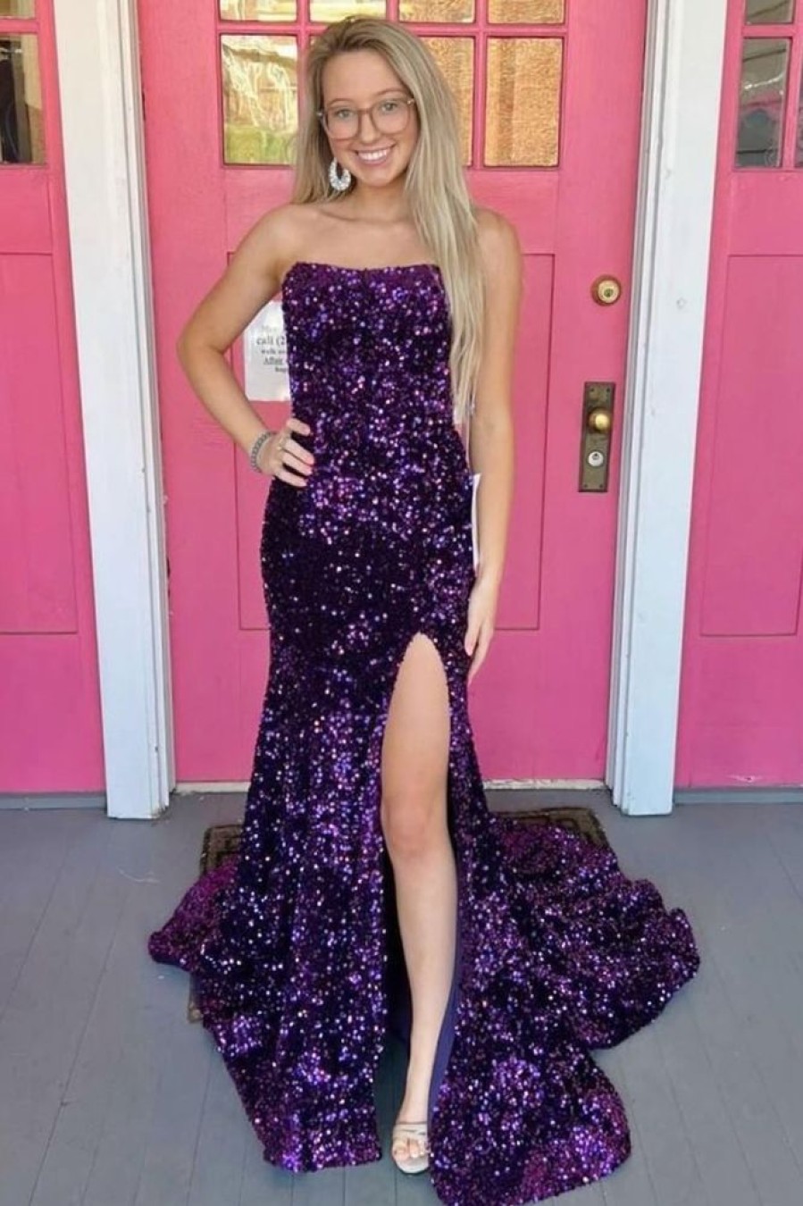 Homrain Strapless Sequins Prom Dress With Slit | Purple Prom Dresses