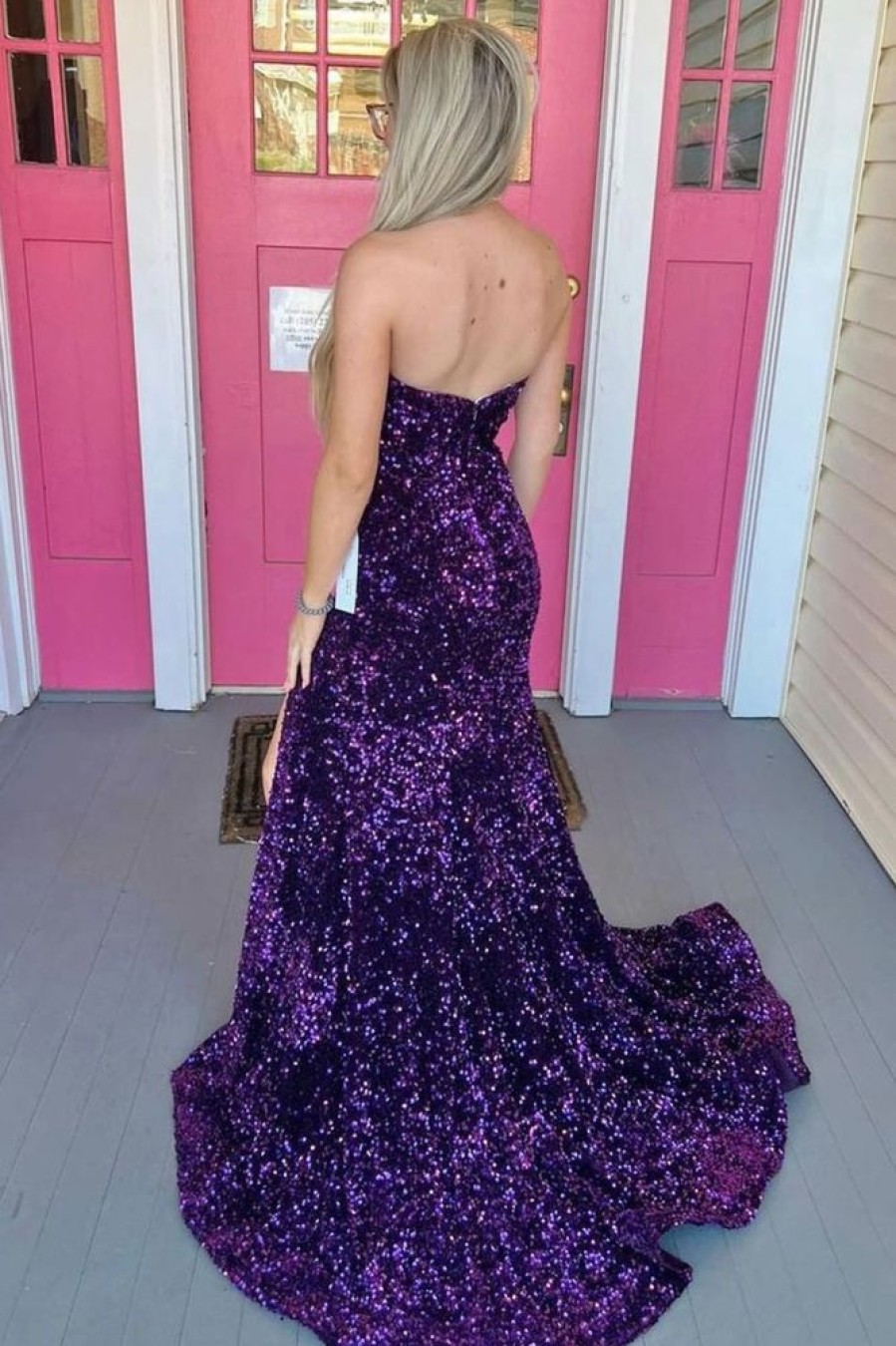 Homrain Strapless Sequins Prom Dress With Slit | Purple Prom Dresses