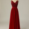 Homrain Long Prom Dress With Beading Lace | Red Prom Dresses