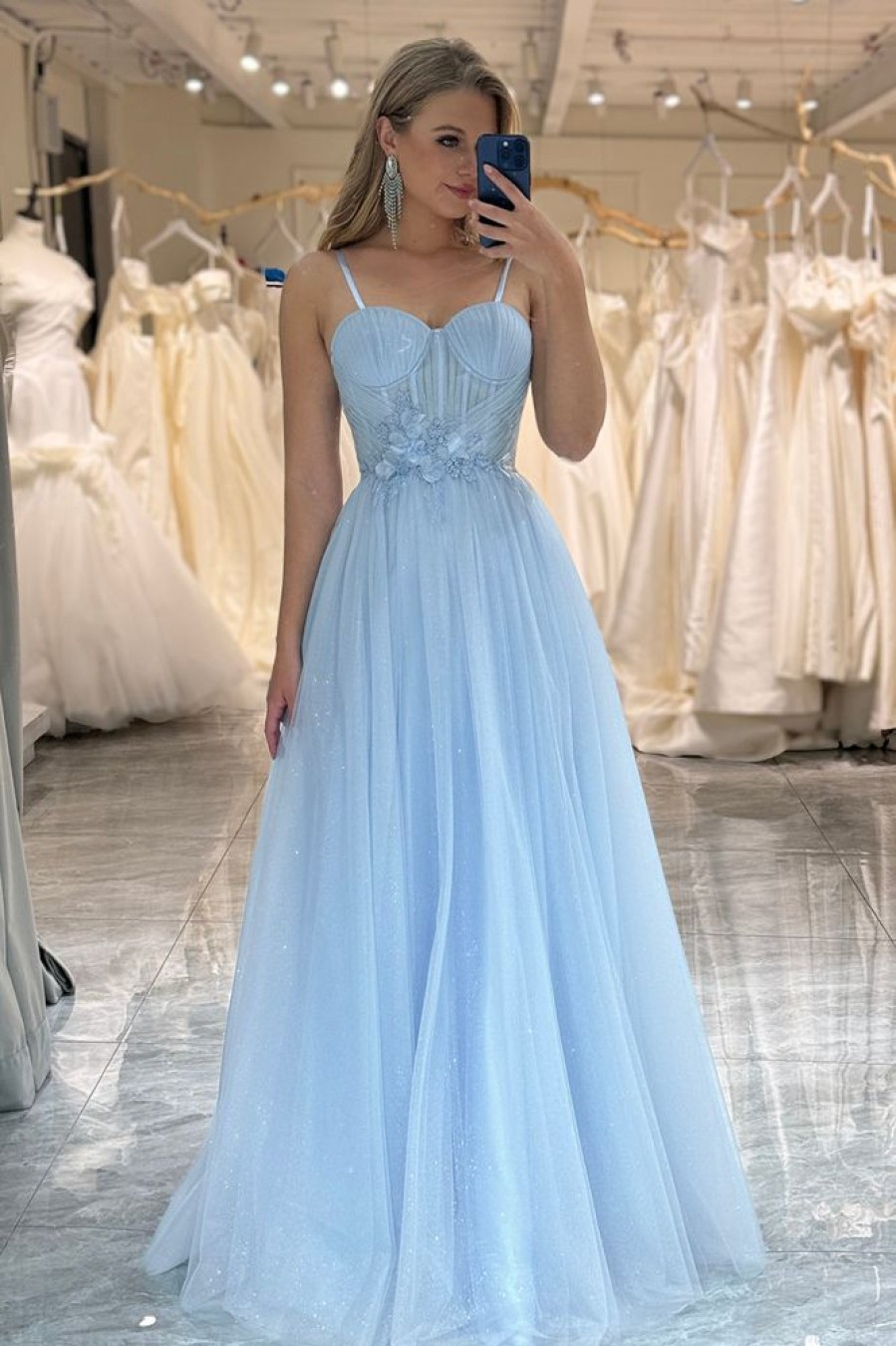 Homrain A Line Tulle Long Corset Prom Dress | Blue Prom Dresses