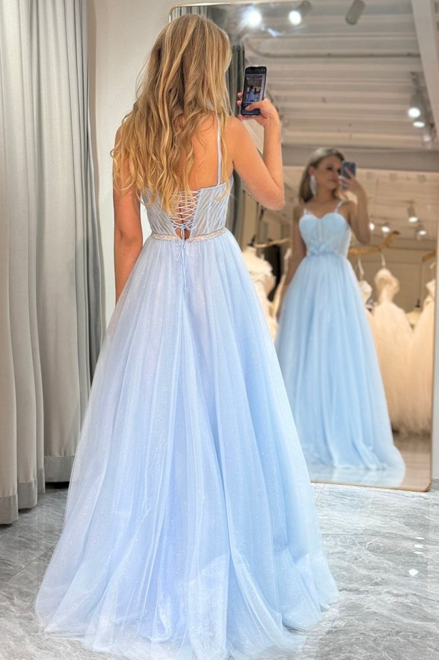 Homrain A Line Tulle Long Corset Prom Dress | Blue Prom Dresses