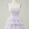 Homrain Sparkly Corset Tiered Cute Homecoing Dress | Purple Hoco Dresses