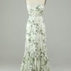 Homrain Asymmetrical Strapless Printed Long Bridesmaid Dress | Green Prom Dresses