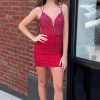 Homrain Sparkly Beaded Spaghetti Straps Tight Short Homecoming Dress | Red Hoco Dresses