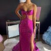 Homrain Sparkly Cut Out Sequins Sheath Long Prom Dress With Slit | Hot Pink Prom Dresses