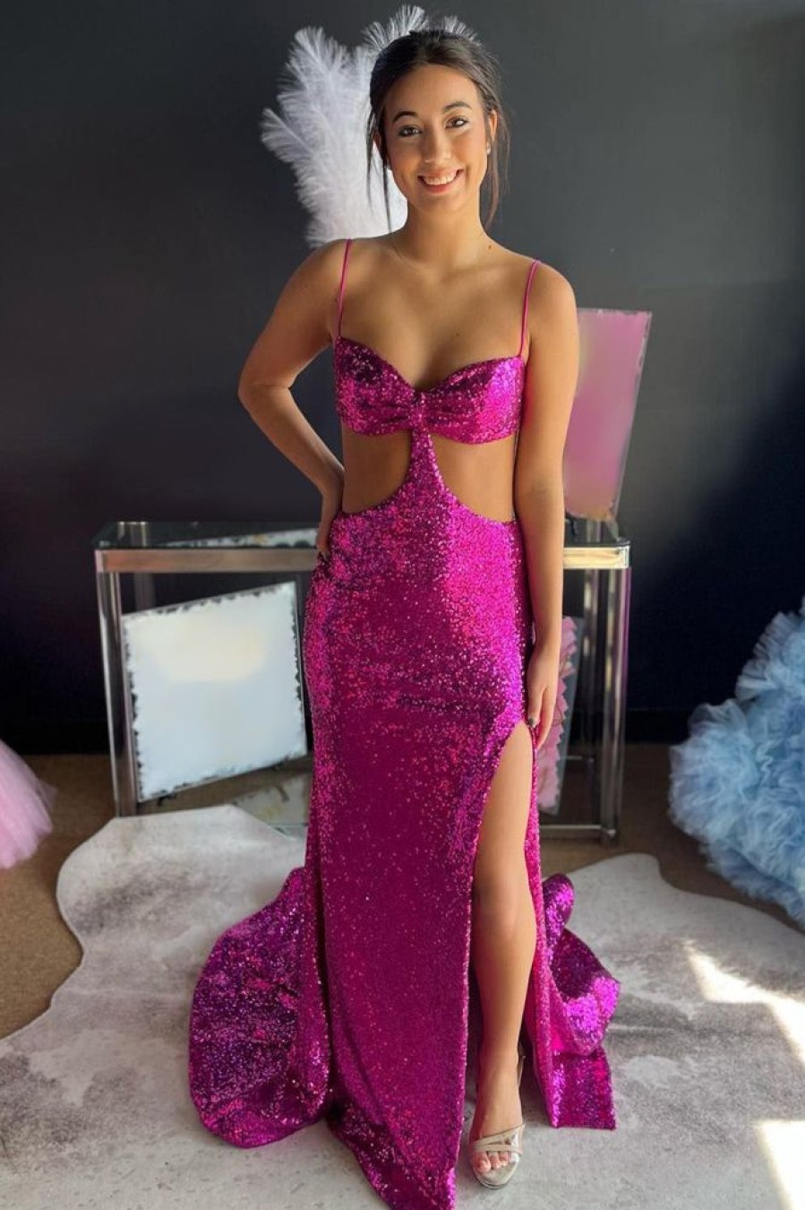 Homrain Sparkly Cut Out Sequins Sheath Long Prom Dress With Slit | Hot Pink Prom Dresses