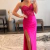 Homrain Sparkly Hot Pink Corset Long Prom Dress With Slit | Hot Pink Prom Dresses