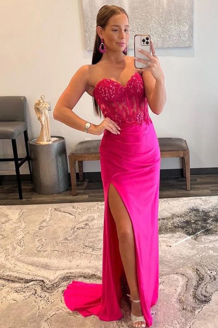 Homrain Sparkly Hot Pink Corset Long Prom Dress With Slit | Hot Pink Prom Dresses