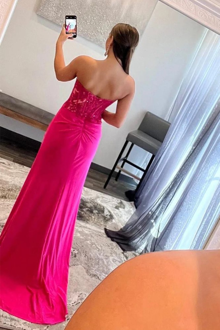 Homrain Sparkly Hot Pink Corset Long Prom Dress With Slit | Hot Pink Prom Dresses