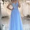 Homrain A Line Tulle Long Corset Prom Dress | Blue Prom Dresses