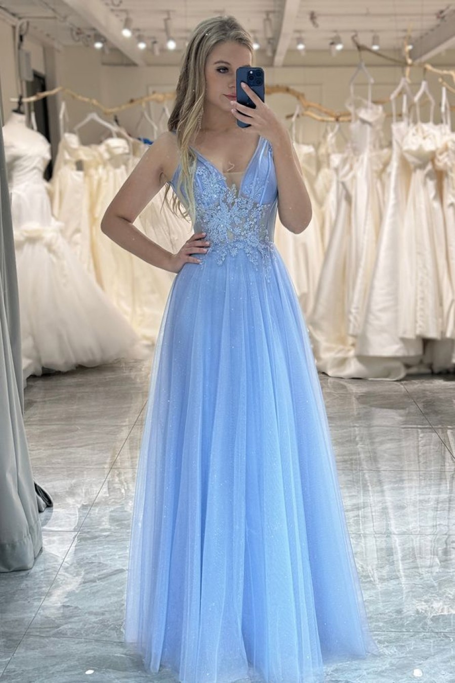 Homrain A Line Tulle Long Corset Prom Dress | Blue Prom Dresses