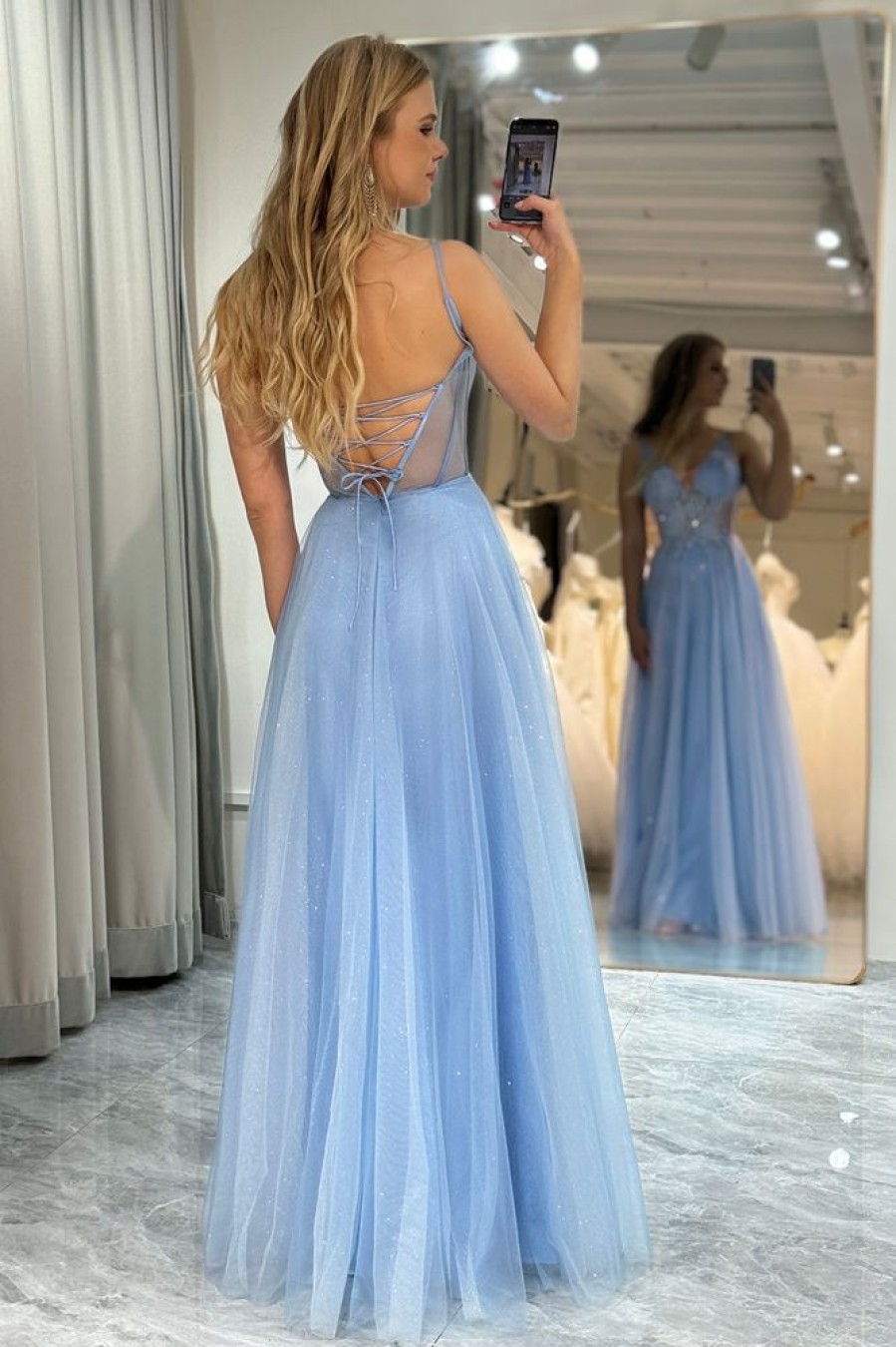 Homrain A Line Tulle Long Corset Prom Dress | Blue Prom Dresses