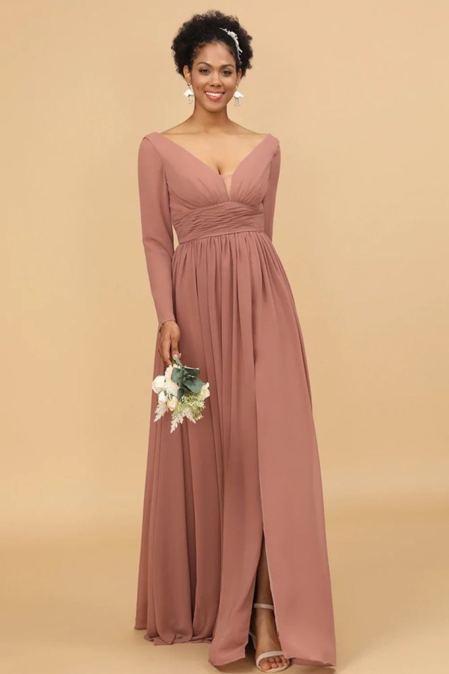 Homrain V-Neck Long Sleeves Bridesmaid Dress | Bridesmaid Dresses 2024