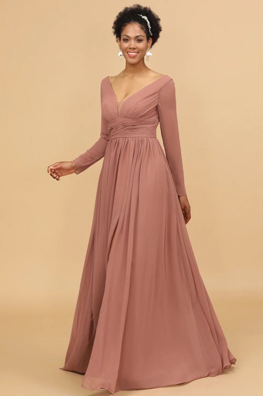 Homrain V-Neck Long Sleeves Bridesmaid Dress | Bridesmaid Dresses 2024