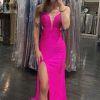 Homrain Hot Pink Beading Mermaid Prom Dress With Slit | Hot Pink Prom Dresses