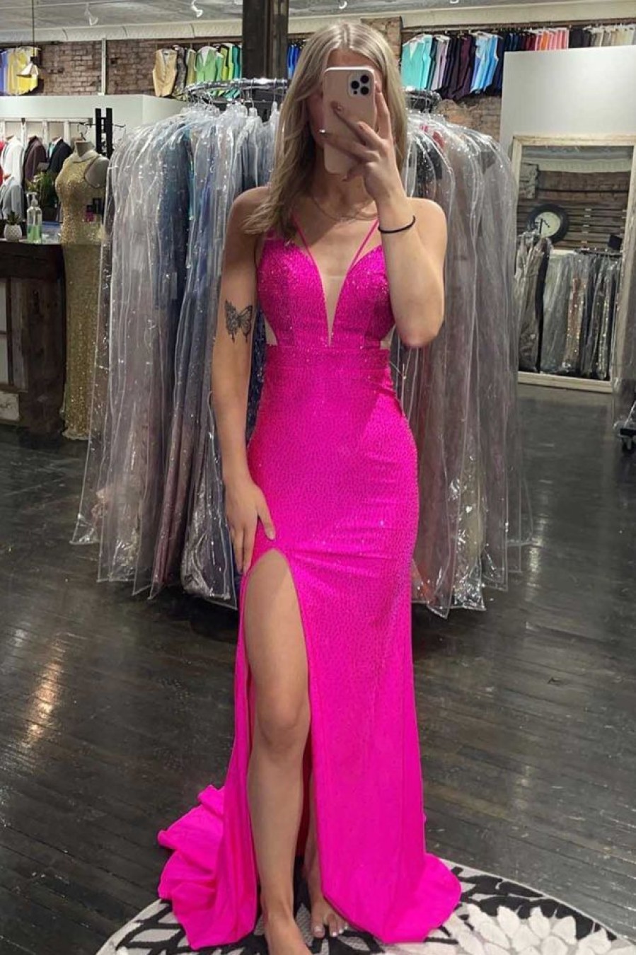 Homrain Hot Pink Beading Mermaid Prom Dress With Slit | Hot Pink Prom Dresses