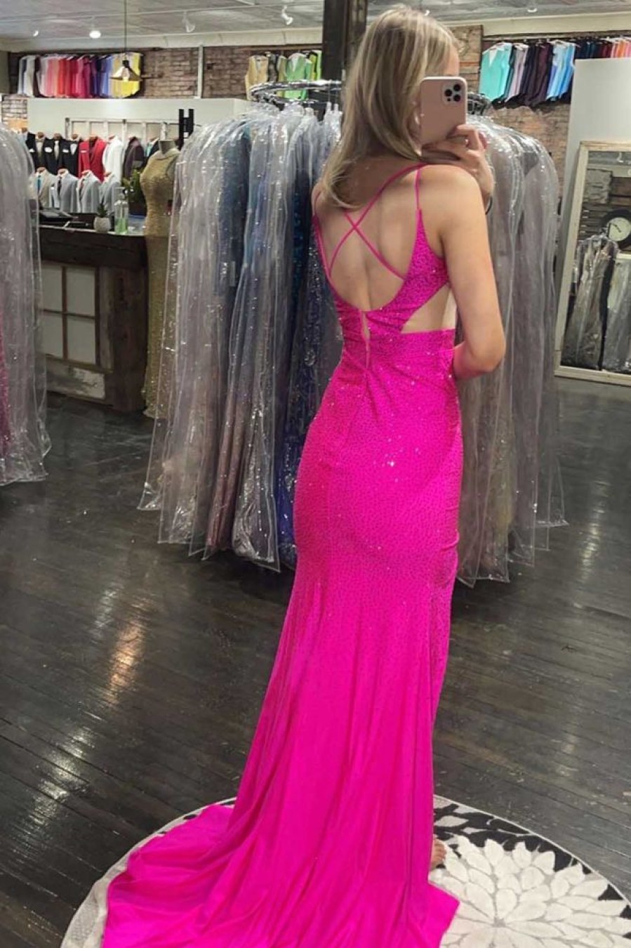 Homrain Hot Pink Beading Mermaid Prom Dress With Slit | Hot Pink Prom Dresses