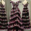 Homrain Glitter Black Pink A-Line Tiered Long Prom Dress With Lace | Black Prom Dresses