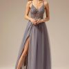 Homrain Spaghetti Straps Long Prom Dress With Slit | Blue Prom Dresses