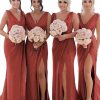 Homrain Sheath Chiffon Ruched Long Bridesmaid Dress With Slit | Burnt Orange Bridesmaid Dress