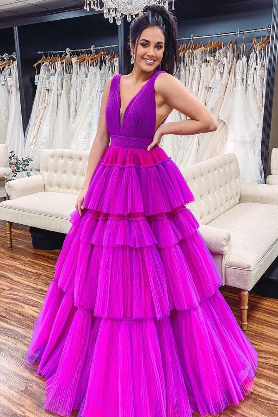 Homrain Tiered Tulle A-Line Prom Dress | Purple Prom Dresses