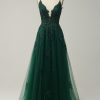 Homrain A-Line Tulle Appliques Long Prom Dress With Alit | Green Prom Dresses