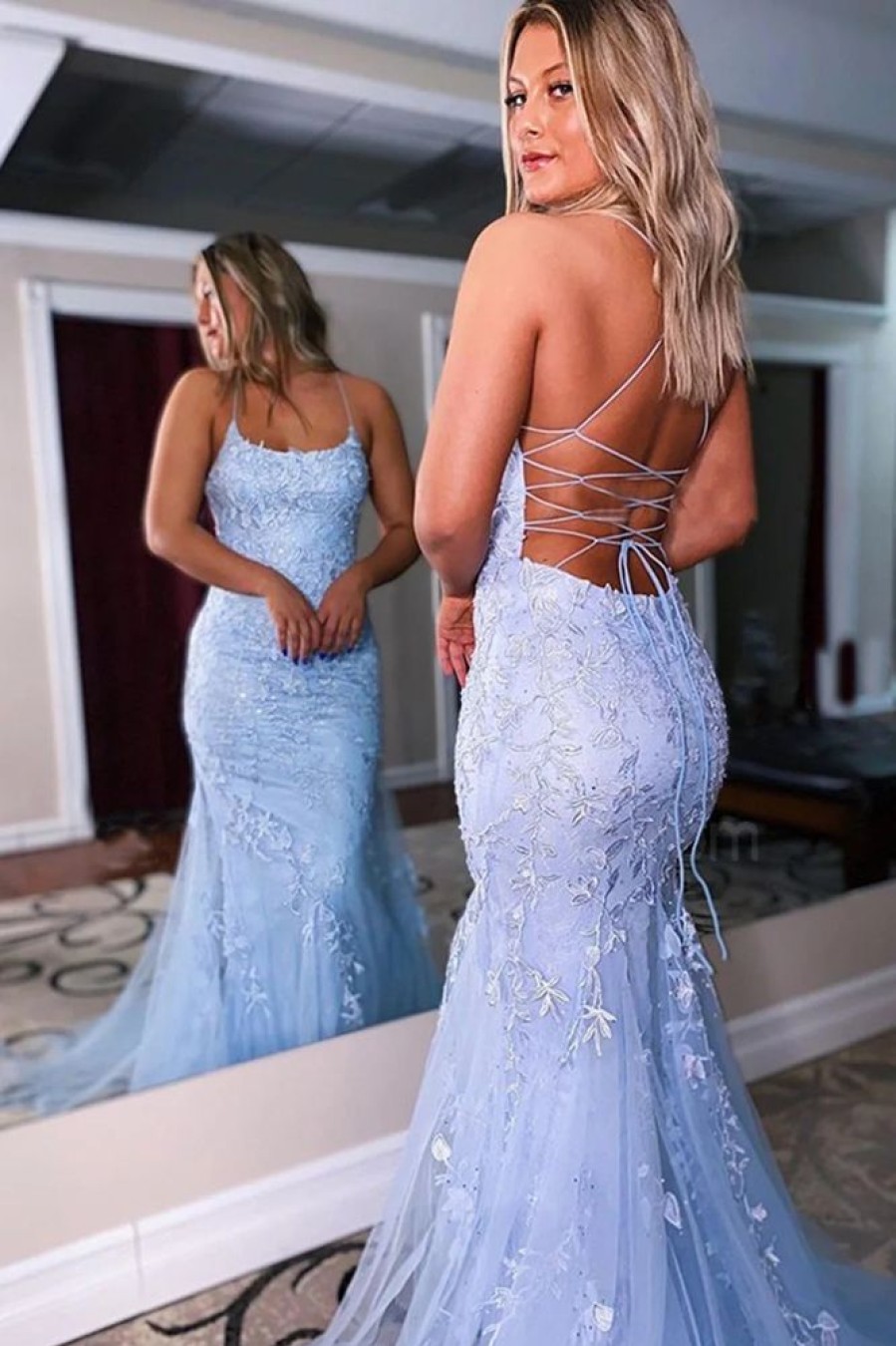 Homrain Lace Mermaid Backless Prom Formal Dress | Blue Prom Dresses