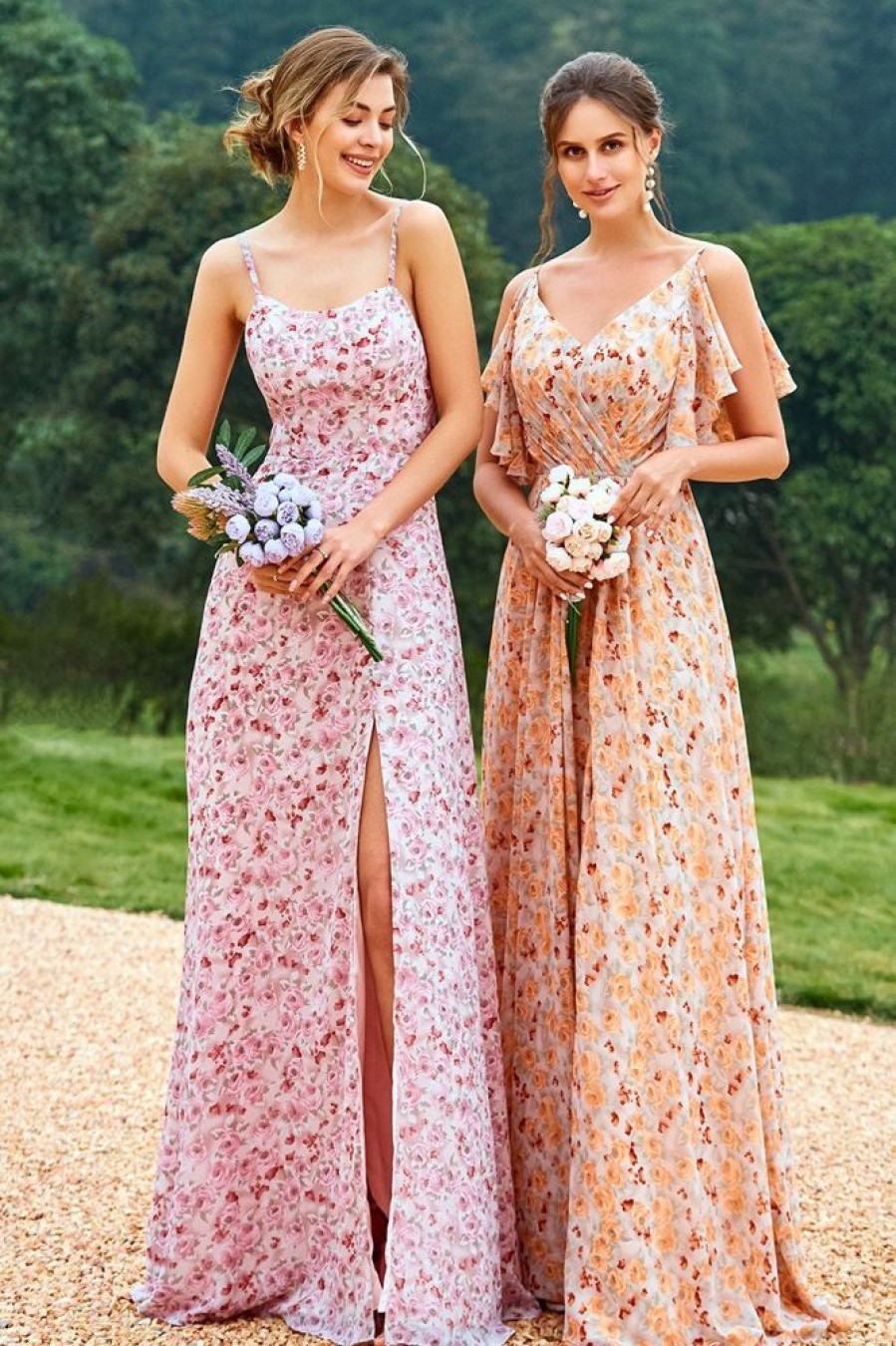 Homrain Floral Print Orange Bridesmaid Dress | Wedding Guest Dresses