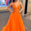 Homrain A-Line V-Neck Long Tulle Prom Dress With Lace | Orange Prom Dresses