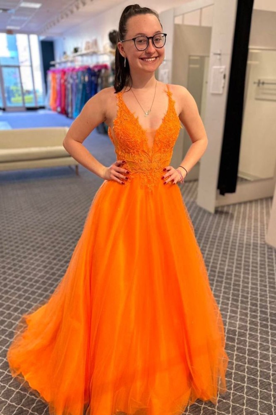 Homrain A-Line V-Neck Long Tulle Prom Dress With Lace | Orange Prom Dresses