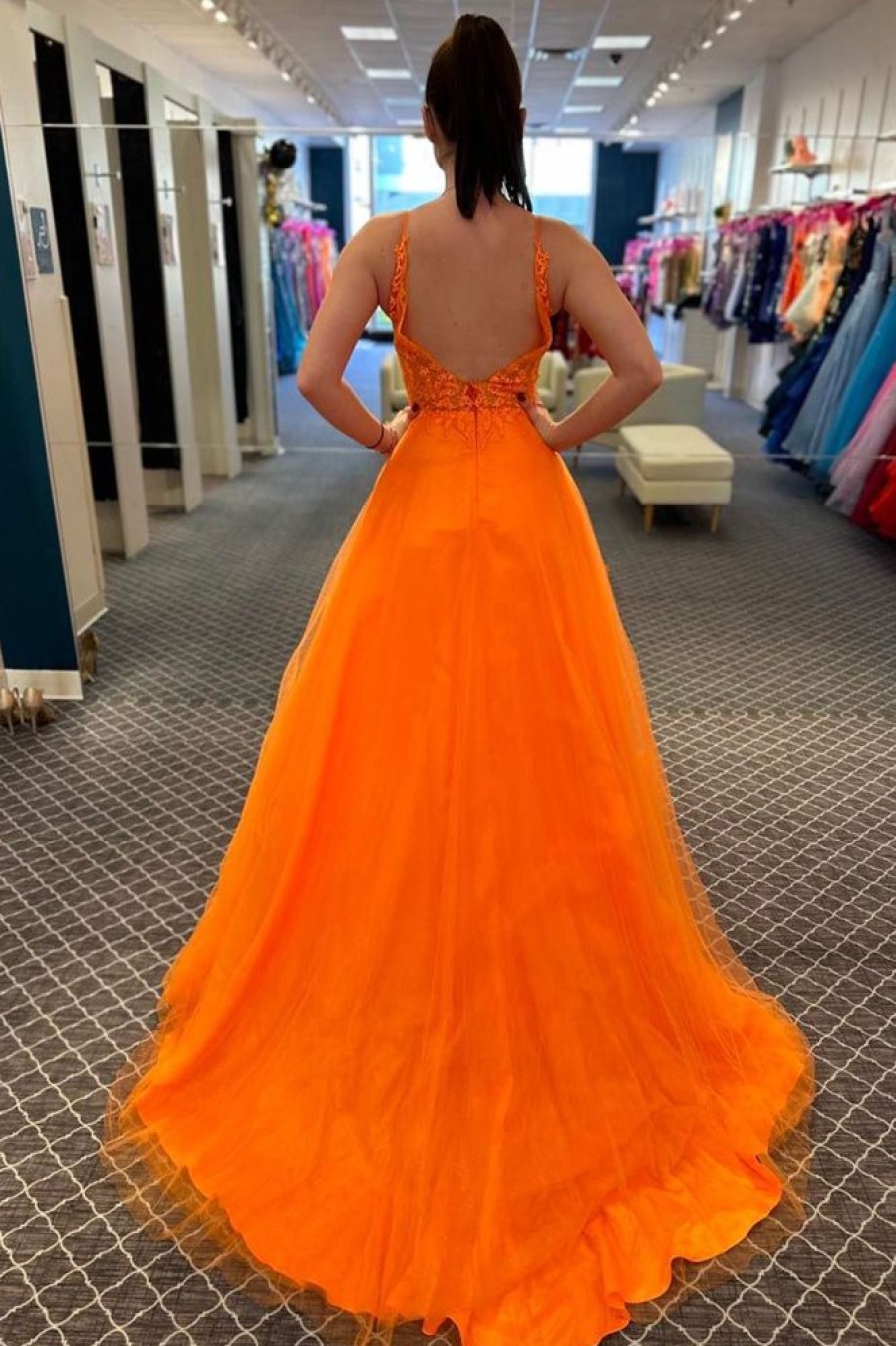 Homrain A-Line V-Neck Long Tulle Prom Dress With Lace | Orange Prom Dresses