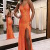 Homrain Sparkly Open Back Sequins Long Prom Dress With Slit | Orange Prom Dresses