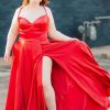 Homrain Plus Size Satin Spaghetti Straps Long Prom Dress With Pockets | Red Prom Dresses